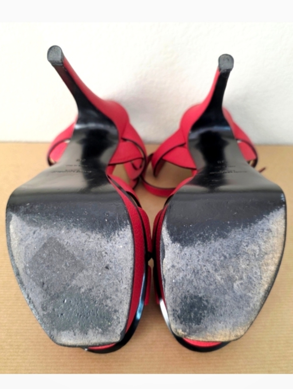 YSL Yves Saint Laurent Red Leather Strappy Ankle Strap High Heels EU38 / US8 - Picture 11 of 13
